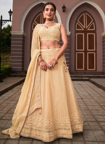 Beige Georgette Lucknowi Work Lehenga Choli For Wedding